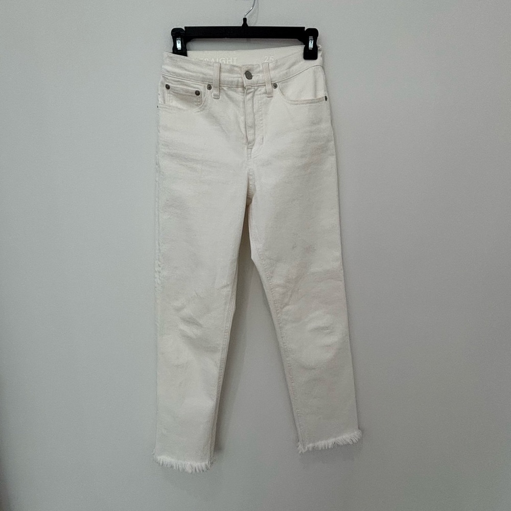 J. Crew White Ankle Jeans “Classic Straight” with Raw Hem
